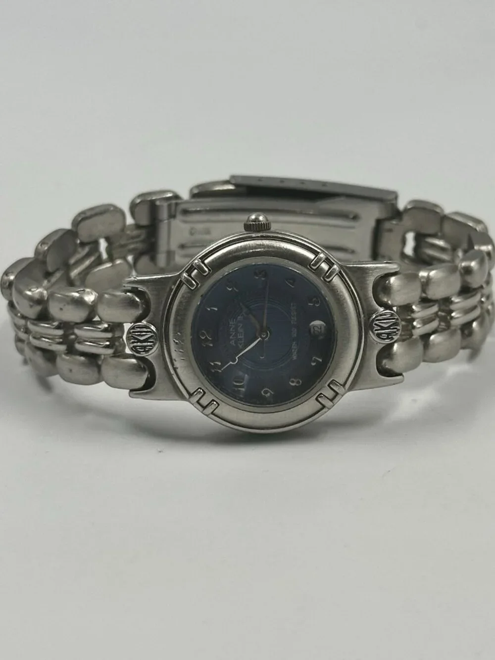 3/$30 Anne Klein Watch Silver Tone Blue Dial Date Window New Battery 6.75